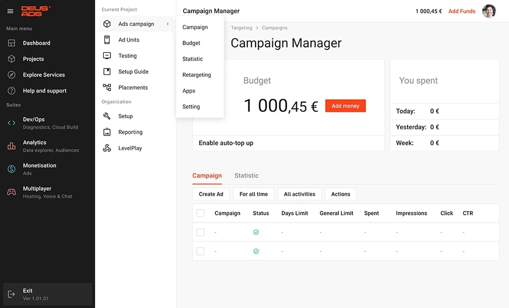 DeusADS Campaign Manager — personal cabinet