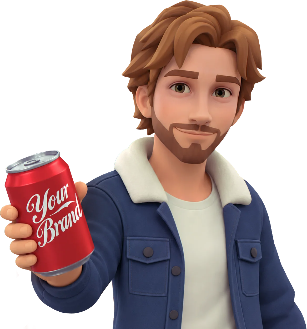 A game character holding a branded can