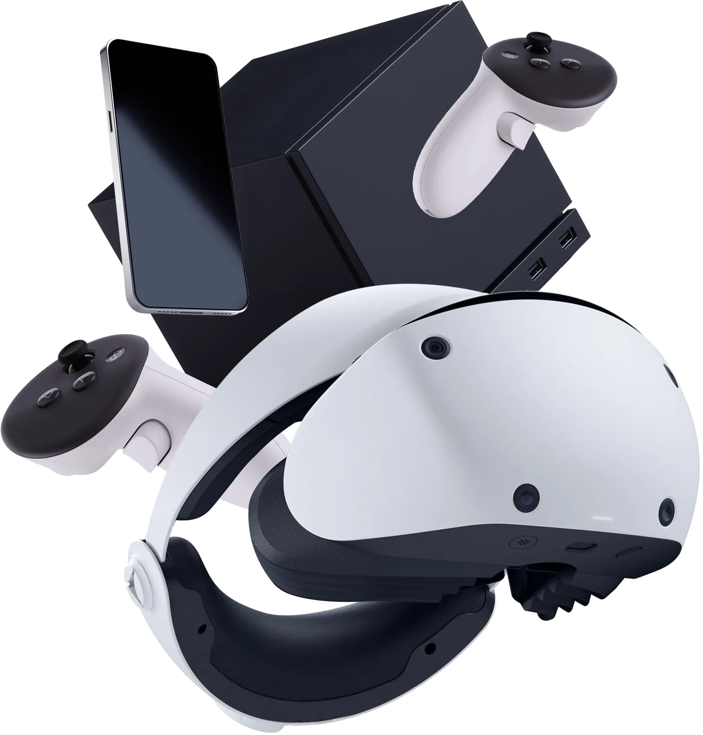 VR headset, controllers, console and phone