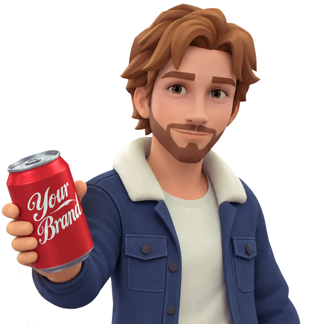 Game character holding a can with a placeholder brand